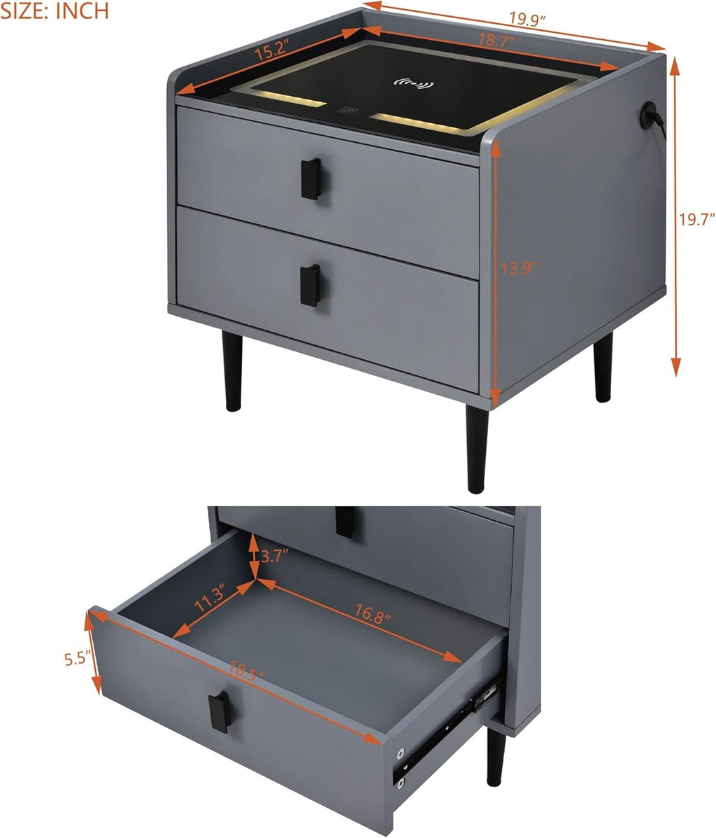 1 Pack Nightstand with Wireless Charging Station and LED Lights Grey W79740