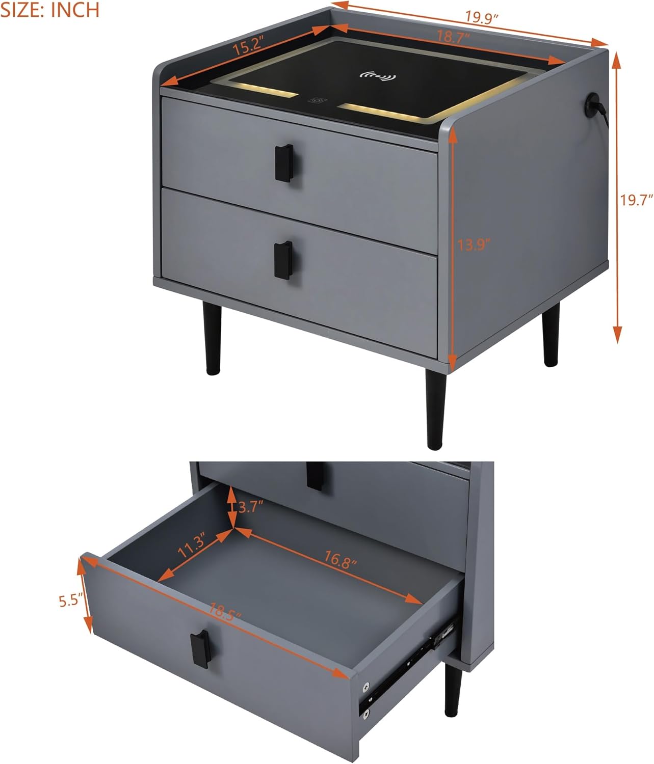1 Pack Nightstand with Wireless Charging Station and LED Lights Grey W79740
