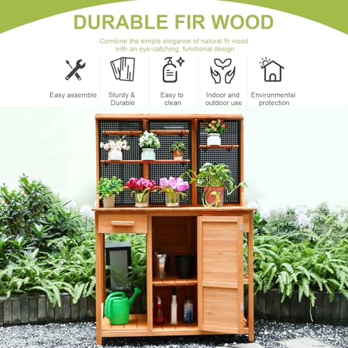 Wooden Potting Bench with Storage Drawer, Cabinet, Metal Pegboard, Adjustable Hooks and Shelves R807071