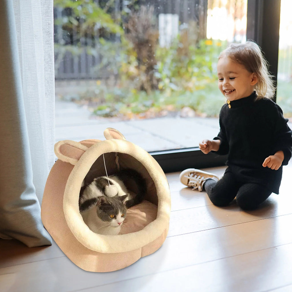 Pink Cotton Cat Bed with Ears Machine Washable D21919