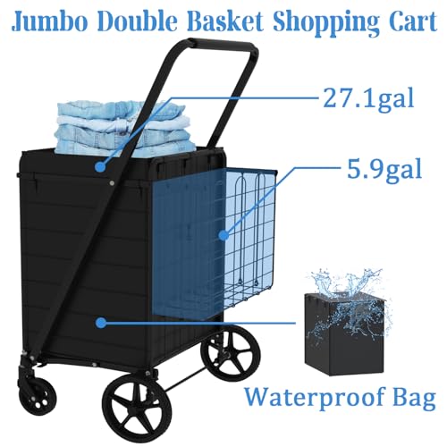 Heavy Duty Folding Shopping Cart with Double Basket, 360° Swivel Wheels, Waterproof Bag C887800