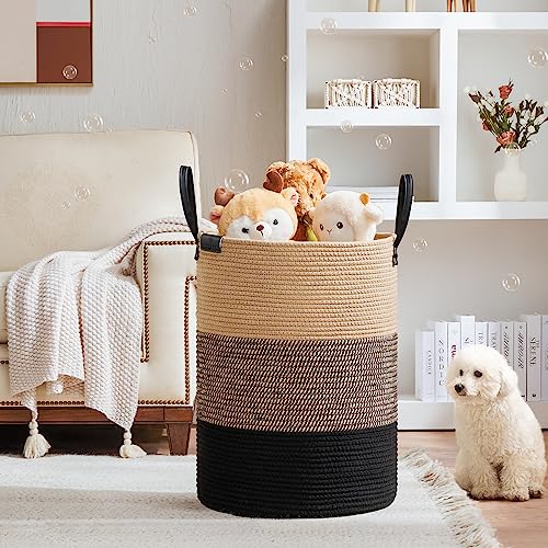Small Laundry Basket with Leather Handle, Woven Rope Storage Basket, 30L Brown & White G207863
