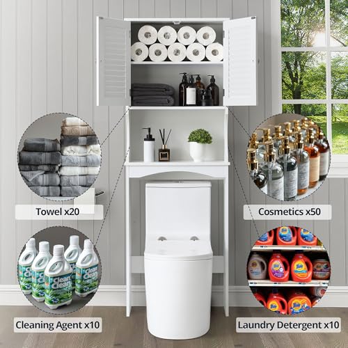 White 3-Tier Over The Toilet Storage Cabinet with Double Doors, 23 x 67 inches G80433