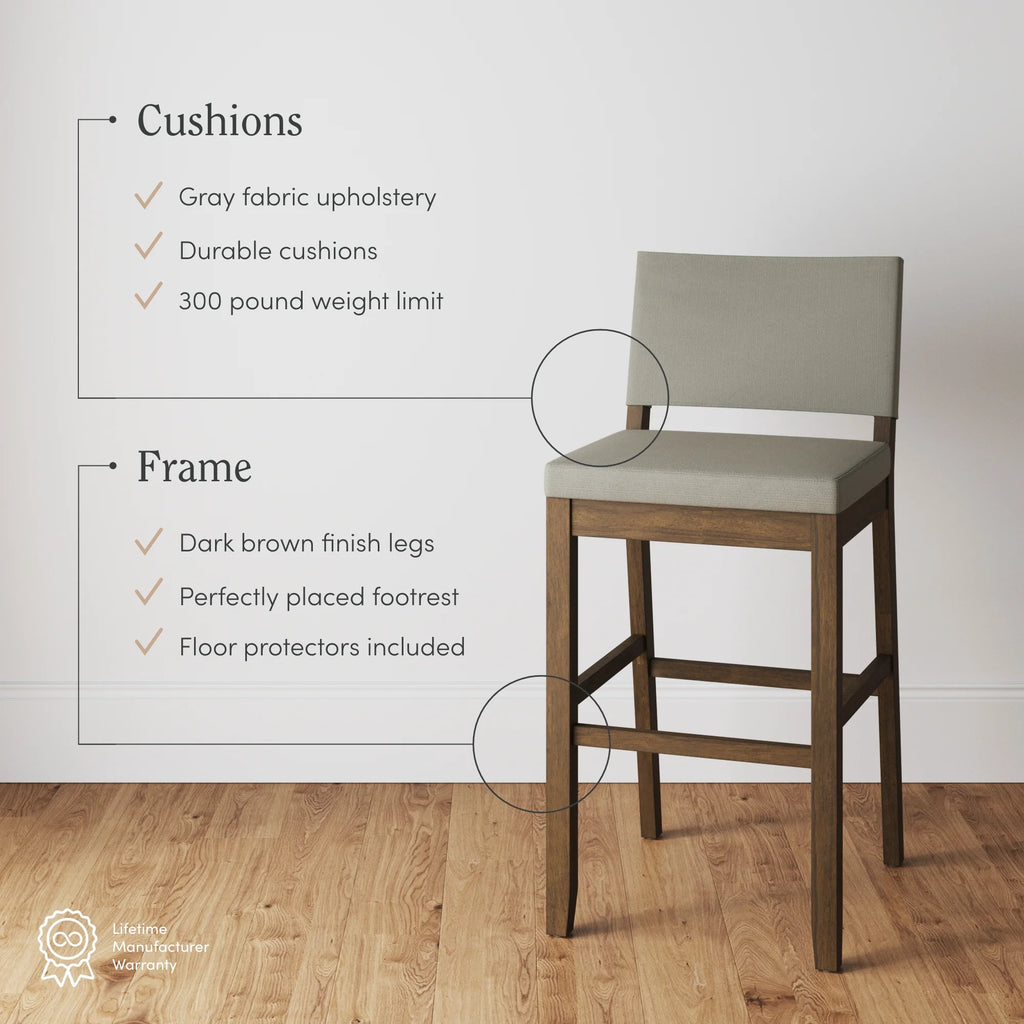 Light Gray Upholstered Bar Stool with Back and Solid Rubberwood Legs T777