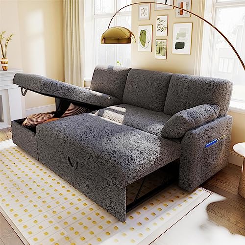 Beige Chenille Sleeper Sofa with Storage Chaise O406487