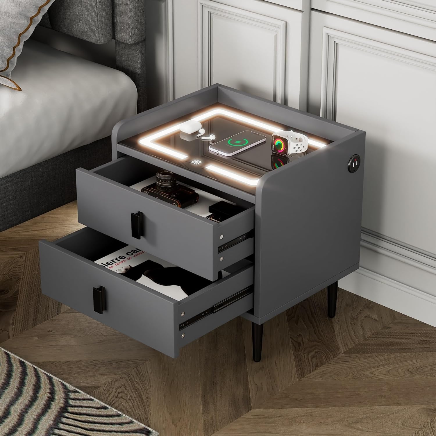 1 Pack Nightstand with Wireless Charging Station and LED Lights Grey W79740