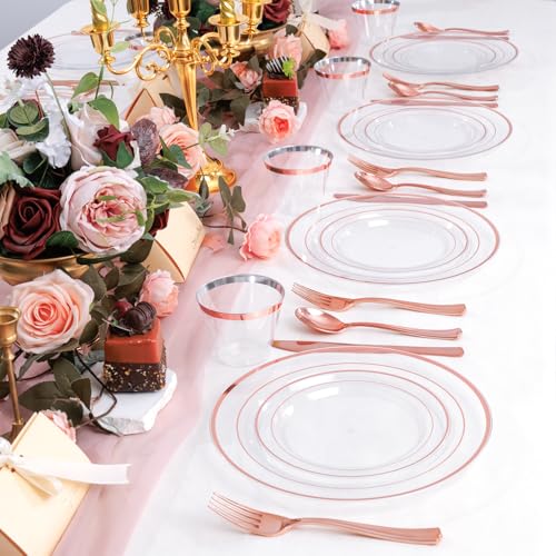 300PCS Gold Disposable Dinnerware Set - White and Gold Plastic Plates X40148