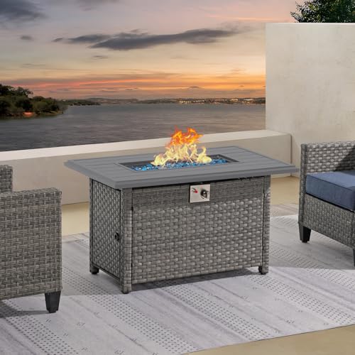 43 Inch Wicker Propane Fire Pit Table with Aluminum Tabletop, Taupe Rattan O7562