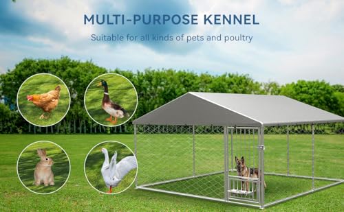 Large Outdoor Galvanized Steel Dog Kennel with Cover, 90" L x 90" W x 65" H O569