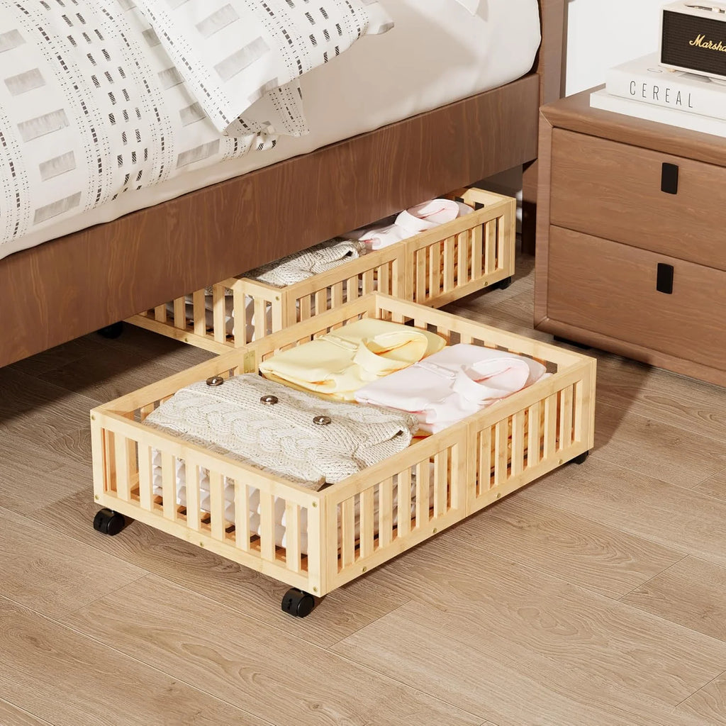 Bamboo Under Bed Storage with Wheels (2-Pack) Rolling Shoe Organizer Box S3944