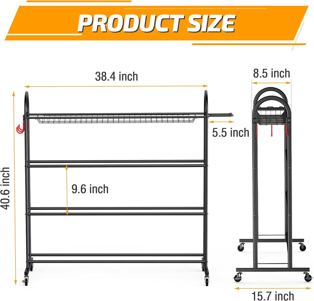 Basketball Rack with Baseball Bat Holder and Hooks, Powder Coated Steel H653