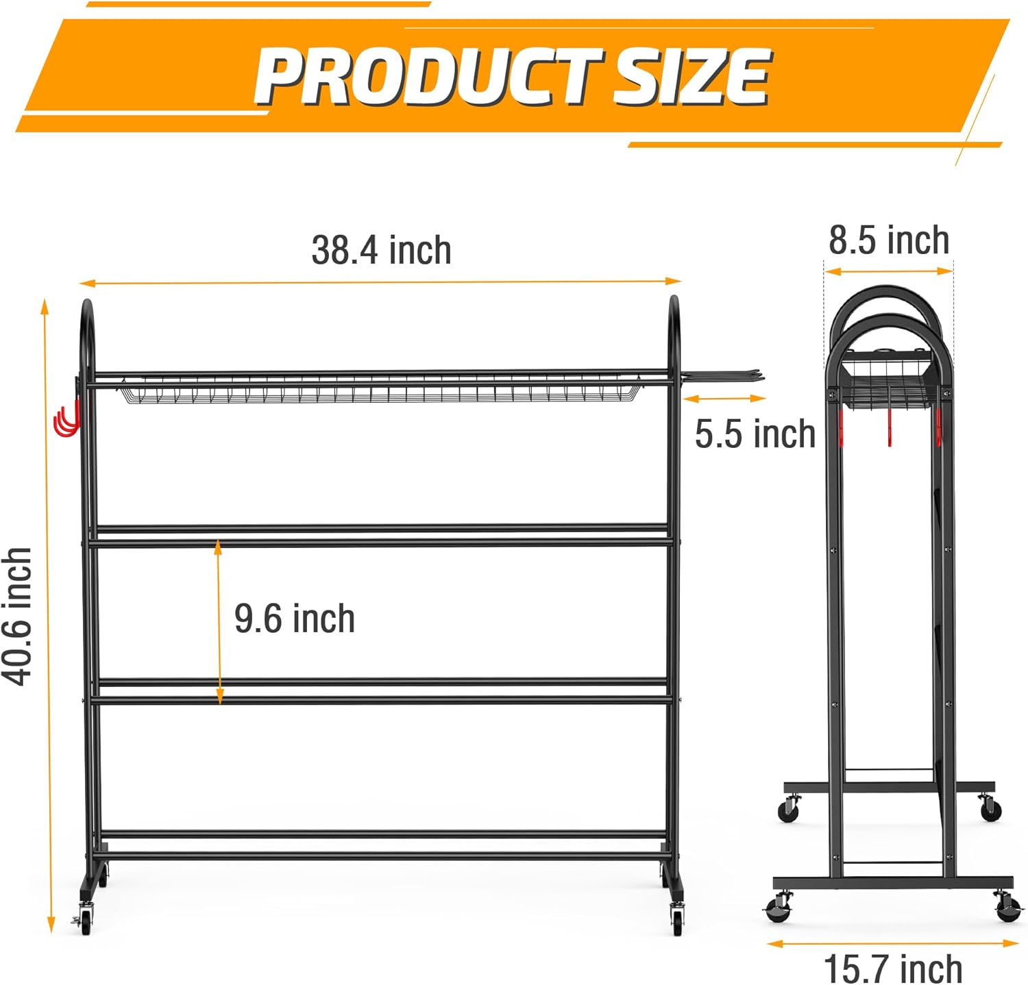 Basketball Rack with Baseball Bat Holder and Hooks, Powder Coated Steel H653