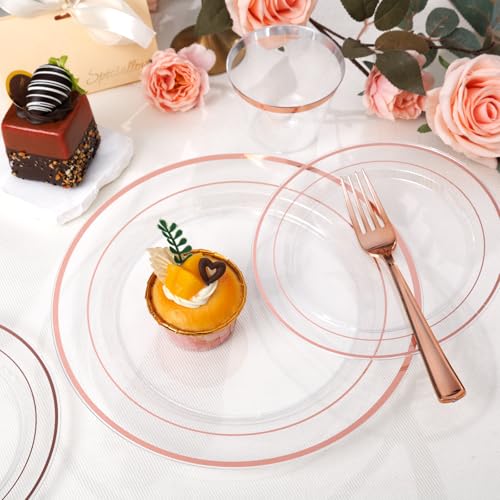 300PCS Gold Disposable Dinnerware Set - White and Gold Plastic Plates X40148
