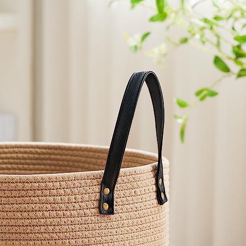 Small Laundry Basket with Leather Handle, Woven Rope Storage Basket, 30L Brown & White G207863