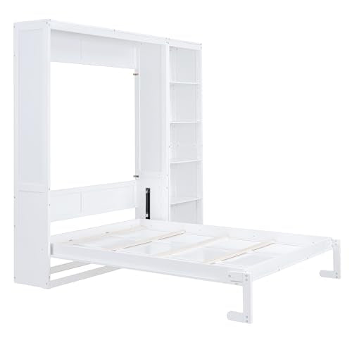 White Queen Size Murphy Bed with Storage Shelves A2364