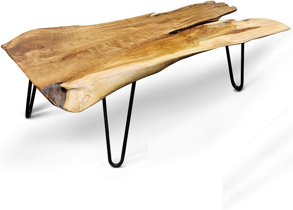 Natural Wood Edge Teak Coffee Table with Clear Lacquer Finish and Metal Hairpin Legs D502538