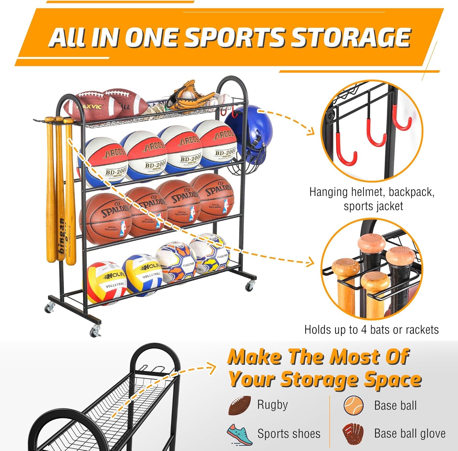 Basketball Rack with Baseball Bat Holder and Hooks, Powder Coated Steel H653