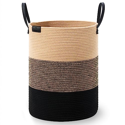 Small Laundry Basket with Leather Handle, Woven Rope Storage Basket, 30L Brown & White G207863