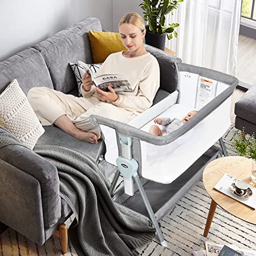 Dark Grey Baby Bassinet Bedside Crib with Storage Basket F31298