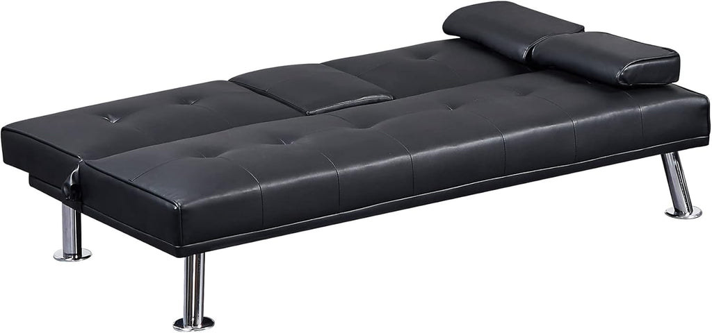 Black Faux Leather Loveseat Sofa Bed with Cup Holders H32808