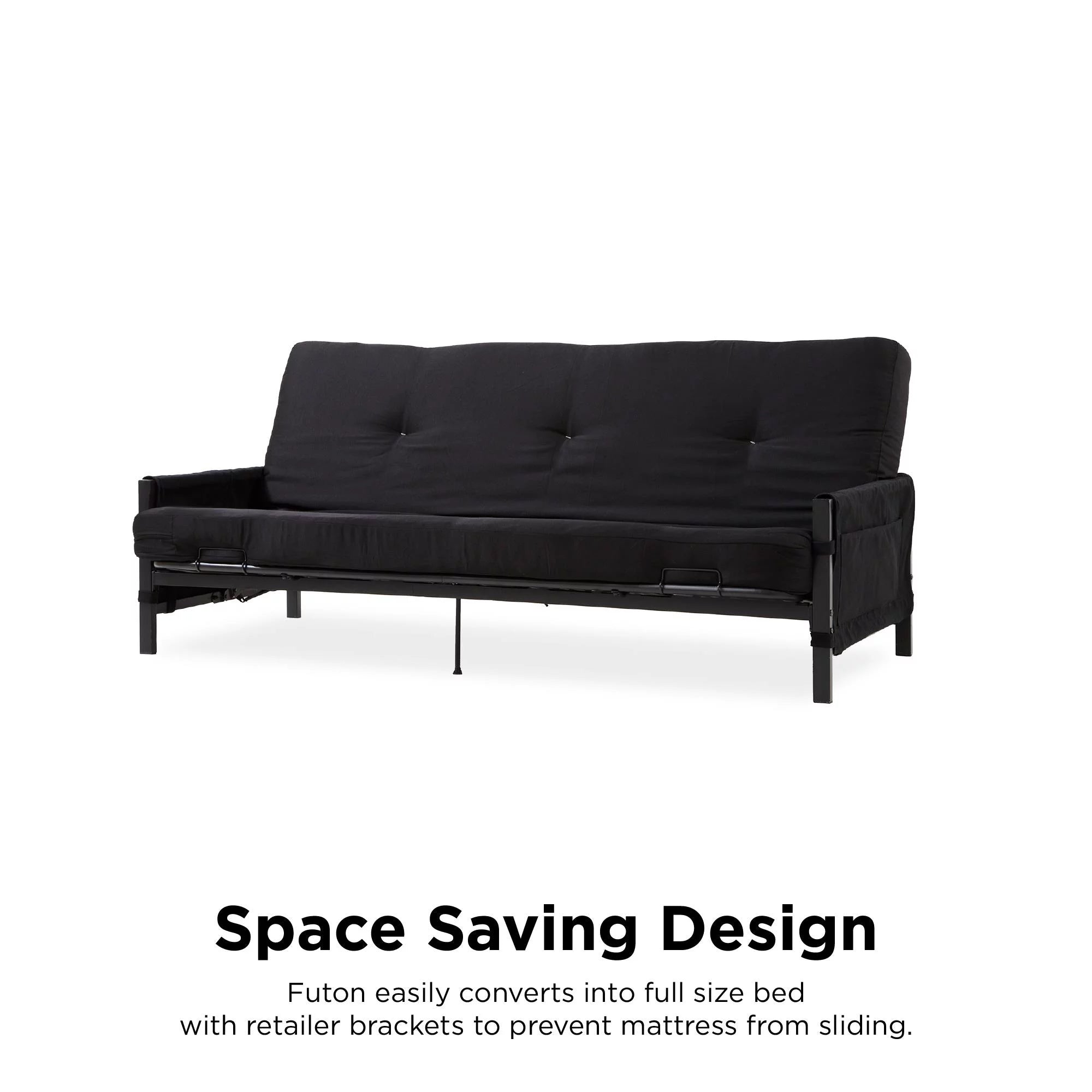 Black Metal Frame Futon Set with Mattress and Storage Pockets O515915