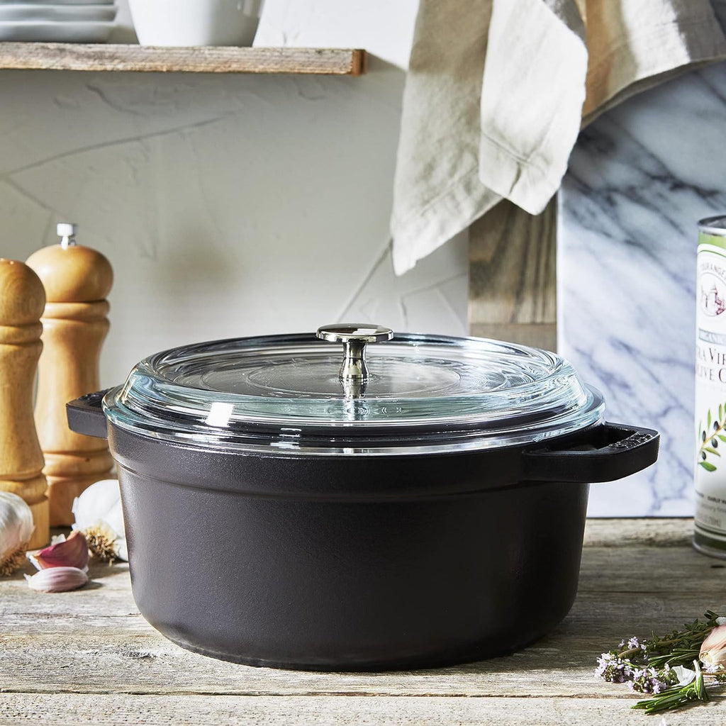 Black Cast Iron Dutch Oven 4-qt Round Cocotte with Glass Lid Y62022