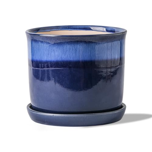 8 Inch Ceramic Planter Pot with Drainage Hole & Saucer Blue Reactive Glaze B4610