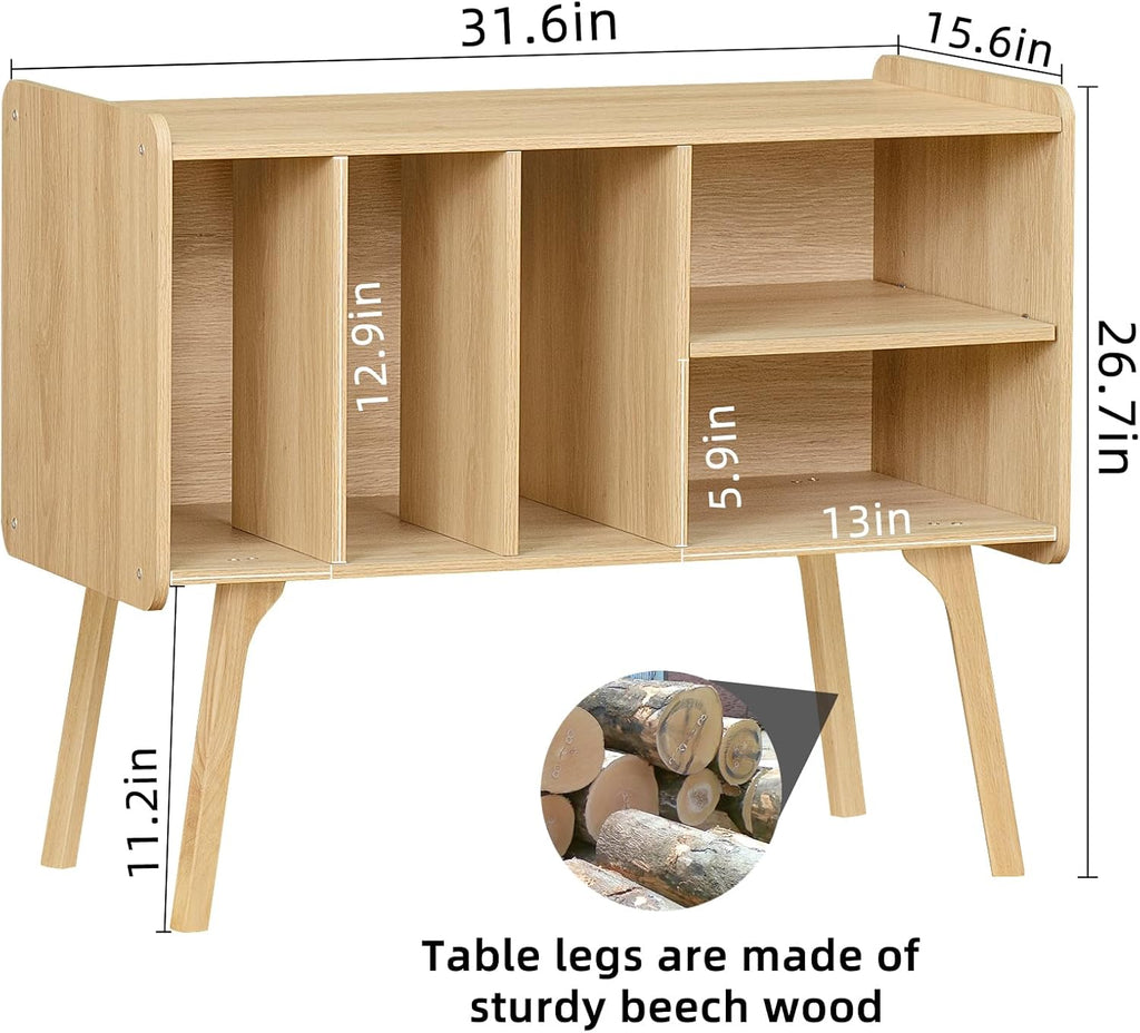 Record Player Stand with 4 Cabinet, Beech Wood Legs, Natural Vinyl Holder Storage Shelf I607278