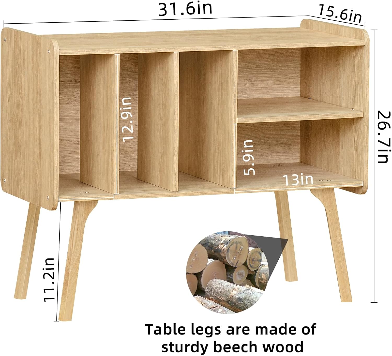 Record Player Stand with 4 Cabinet, Beech Wood Legs, Natural Vinyl Holder Storage Shelf I607278