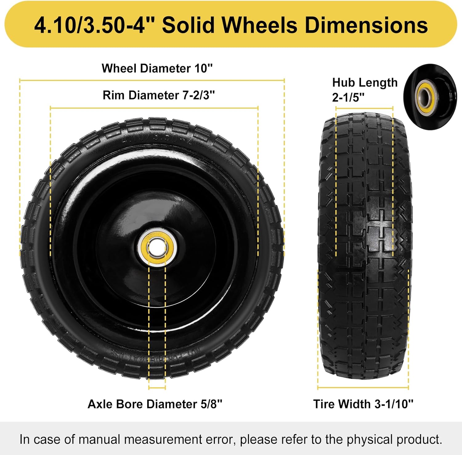 2 Pack 10" Flat Free Solid Rubber Tire and Wheel O22785