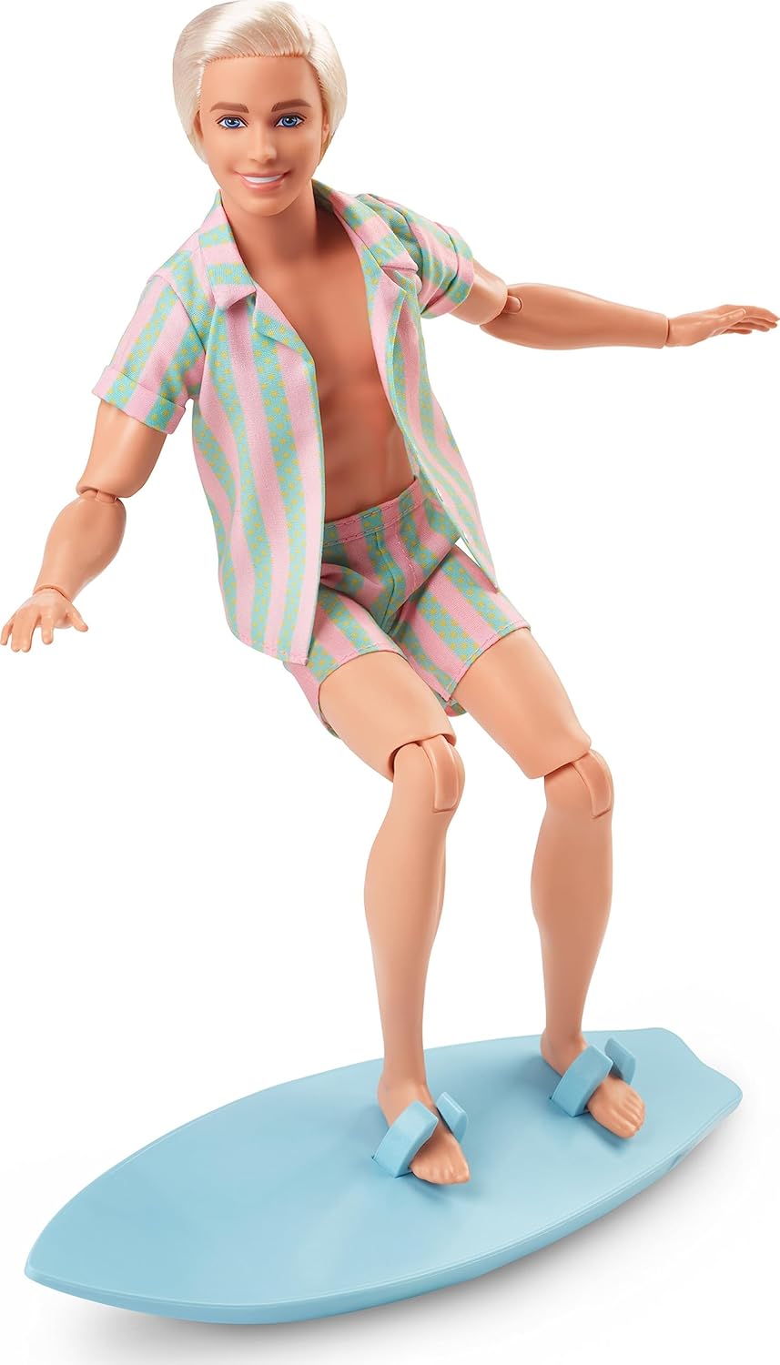 Ken Doll wearing Pastel Pink & Green Striped Beach Matching Set with Surfboard & White Sneakers S4005