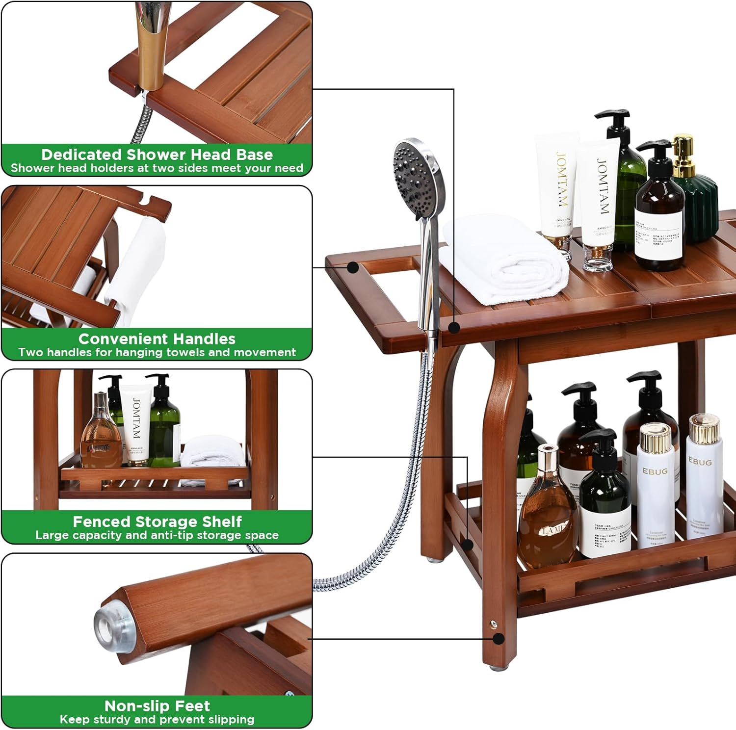 2-Tier Bamboo Shower Chair with Storage Shelf Y1179