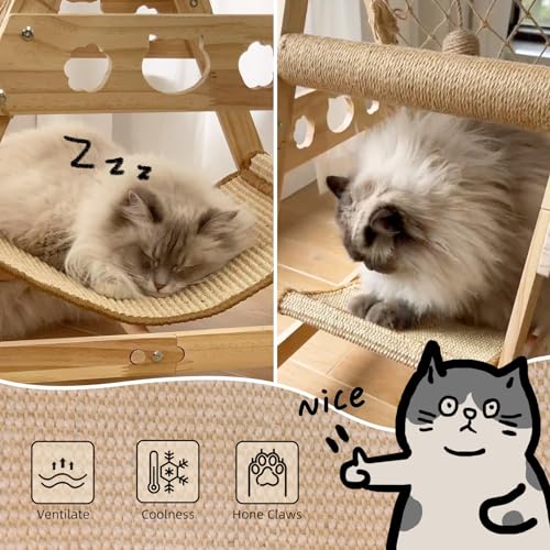 Cat Tower with Hammock Sisal Ball Solid Wood Cat Tree H6283