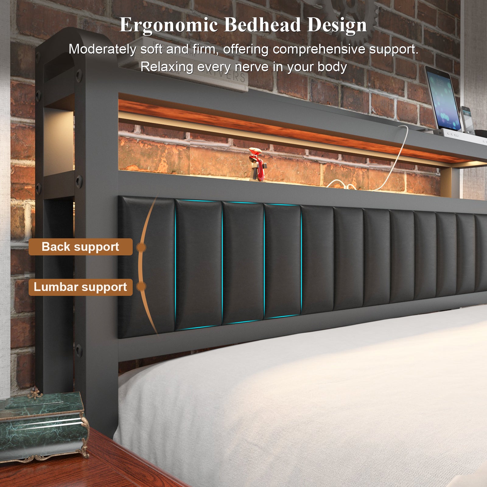 Black Full Bed Frame with Storage Headboard and Drawers O4591