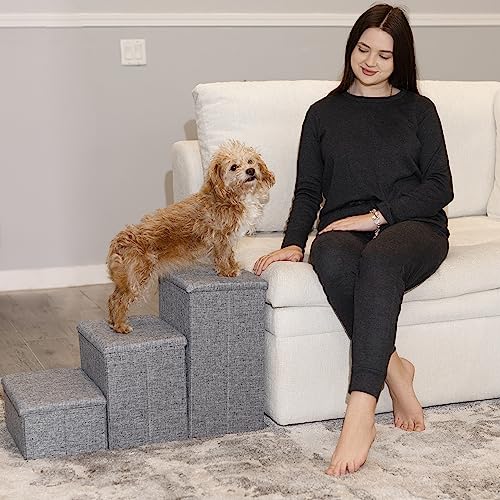 Collapsible Adjustable Pet Stairs with Storage (Grey) V586366