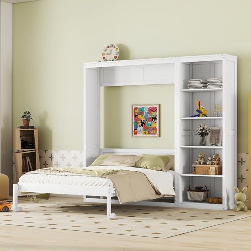 White Queen Size Murphy Bed with Storage Shelves A2364