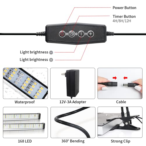 6000K Full Spectrum Clip Plant Growing Lamp with White Red LEDs, 5-Level Dimmable, Auto On Off Timing 4 8 12Hrs U634