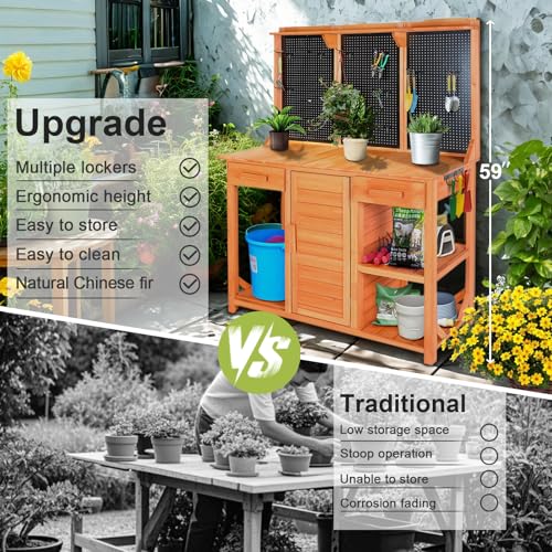Wooden Potting Bench with Storage Drawer, Cabinet, Metal Pegboard, Adjustable Hooks and Shelves R807071