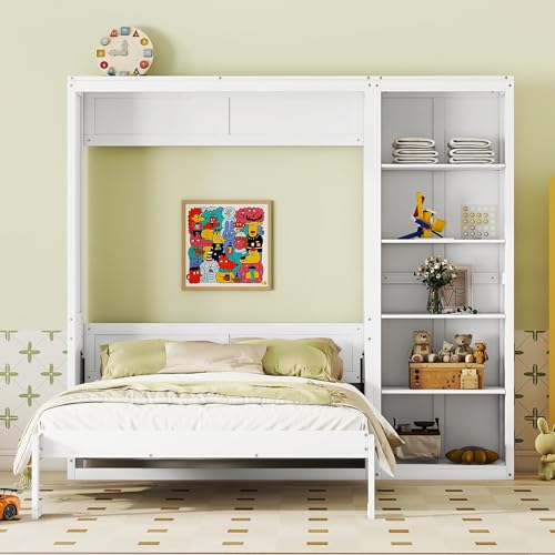White Queen Size Murphy Bed with Storage Shelves A2364