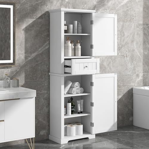 White Tall Bathroom Storage Cabinet with Drawer and Adjustable Shelf A9427