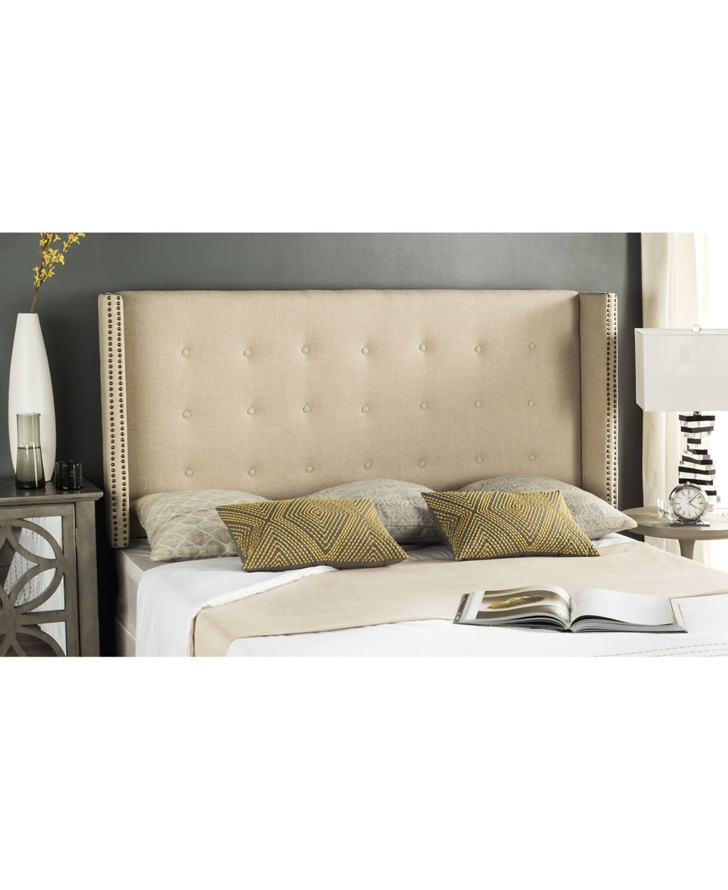 Navy Linen Tufted Winged Headboard Queen E85477