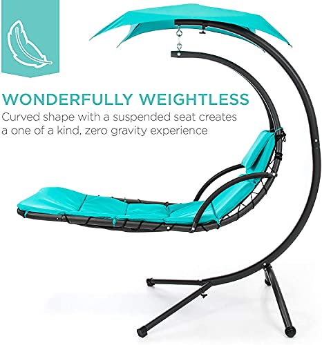 Teal Curved Steel Chaise Lounge Chair Swing with Built-in Pillow and Removable Canopy O470307