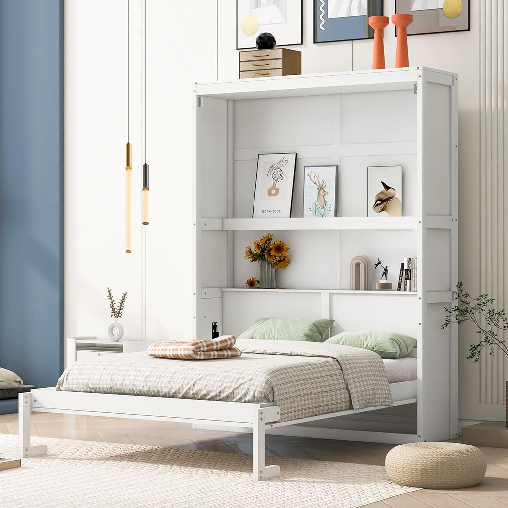White Full Size Murphy Frame with Cabinet Drawers and Storage Shelves O3218