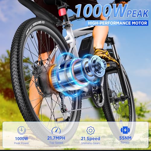 26'' 1000W Peak Electric Mountain Bike with 48V 374.4WH Removable Battery, 21-Speed D280