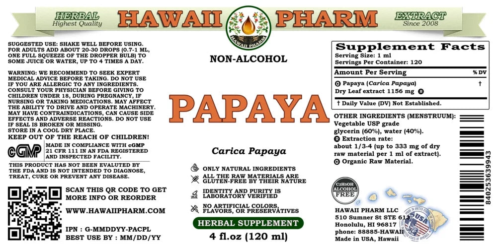 Papaya Dry Leaf Alcohol-Free Liquid Extract Glycerite 4 Fl.Oz E470258