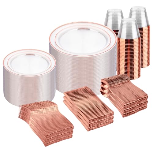 300PCS Gold Disposable Dinnerware Set - White and Gold Plastic Plates X40148