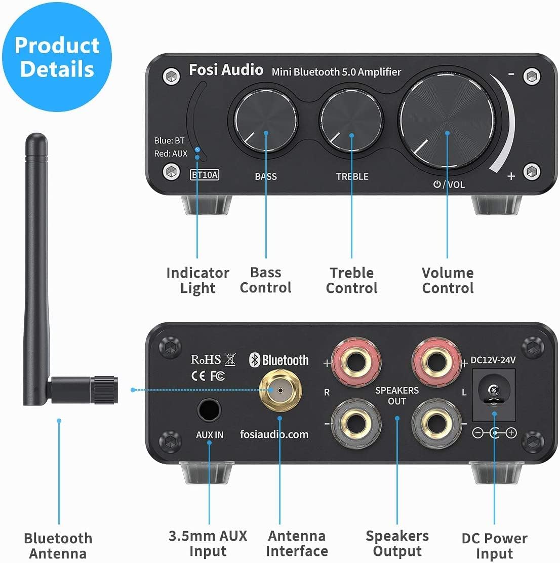 BT10A Bluetooth 5.0 Amplifier 100W 2.0 Channel Mini Stereo Audio Amplifier Receiver Class D Integrated Amp with Power Adapter Pack of 2 I729