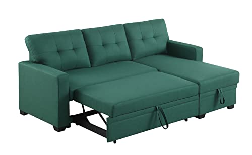 L-Shape Green Linen Sofa with Storage Chaise and Pull-Out Bed P660491
