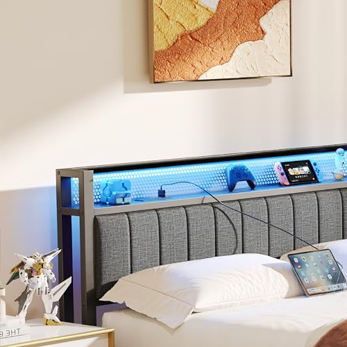 Gray Queen Size Metal Platform Bed Frame with Storage Headboard J362