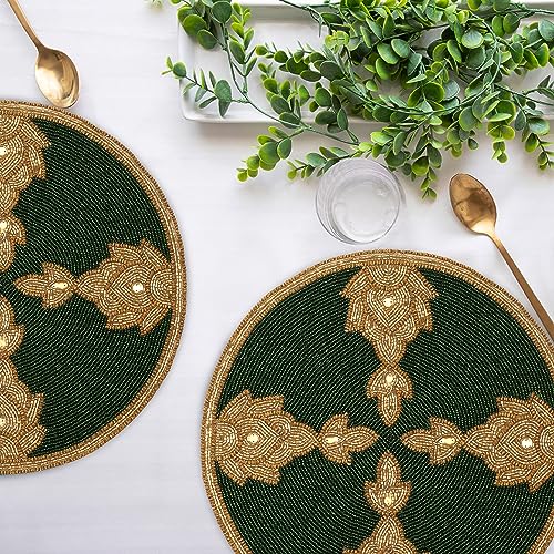 Green Gold Beaded Placemat 13 Inch Round X187
